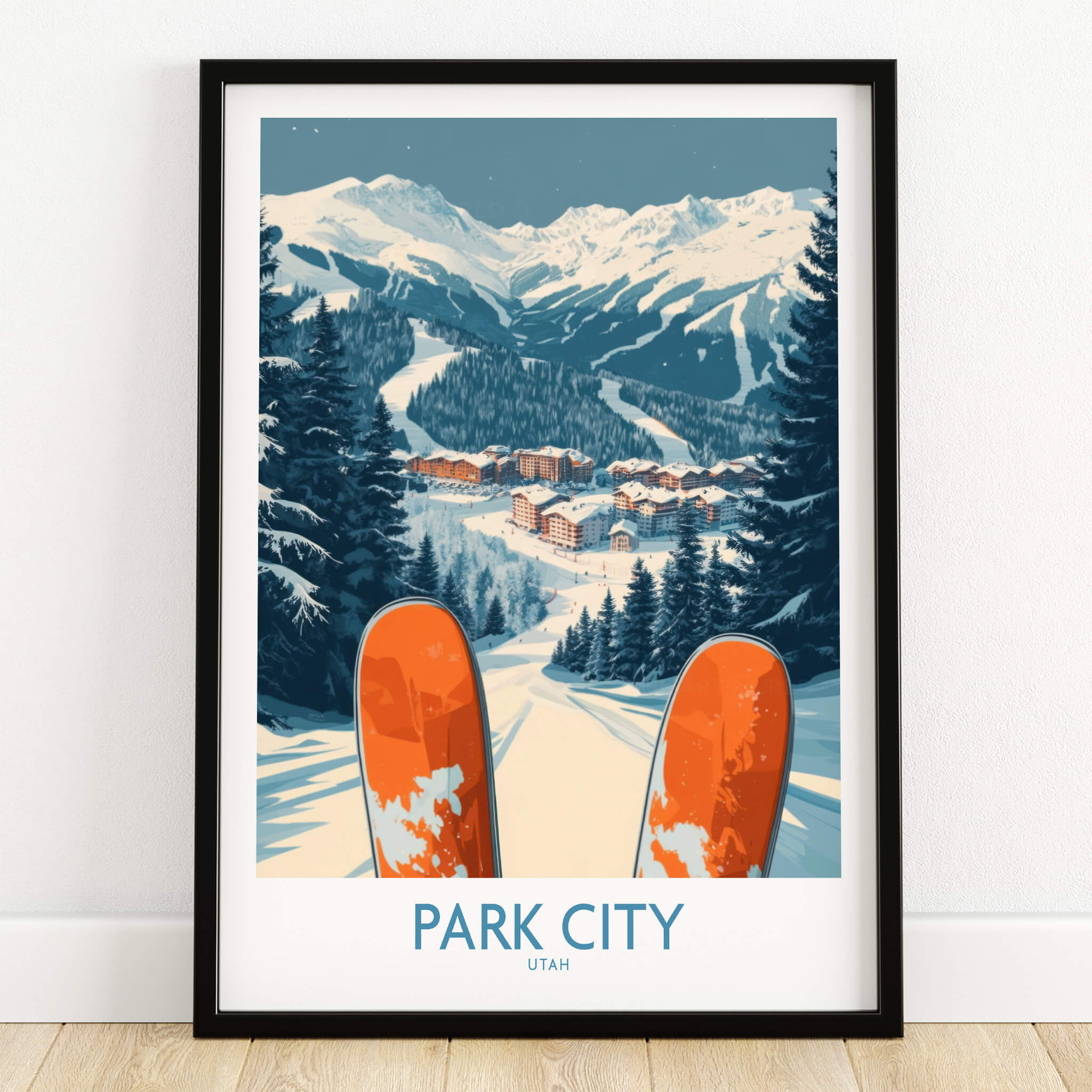 Park City Ski Poster showcasing vibrant winter scenery with skis, perfect for ski enthusiasts and home decor.