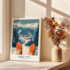 Park City Ski Poster showcasing snowy mountains and ski slopes in a beautiful home setting.