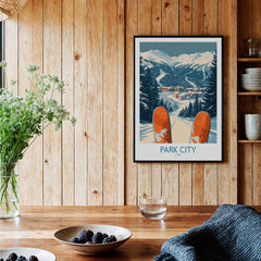 Park City Ski Poster featuring picturesque snowy mountains and ski gear, perfect for ski enthusiasts' decor.