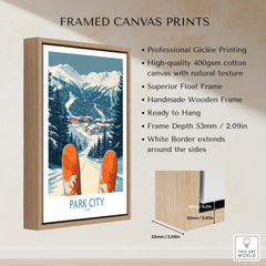 Park City Ski Poster framed print featuring snowy mountains and ski equipment for home decor.