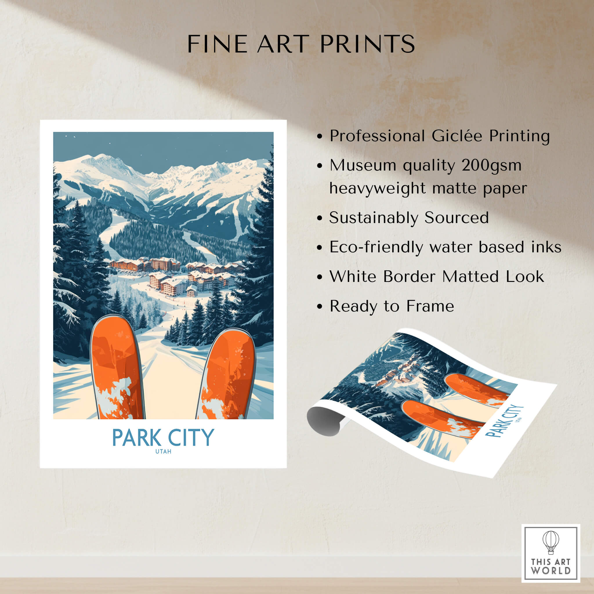 Park City Ski Poster featuring stunning mountain design and professional Giclée printing on heavyweight matte paper.