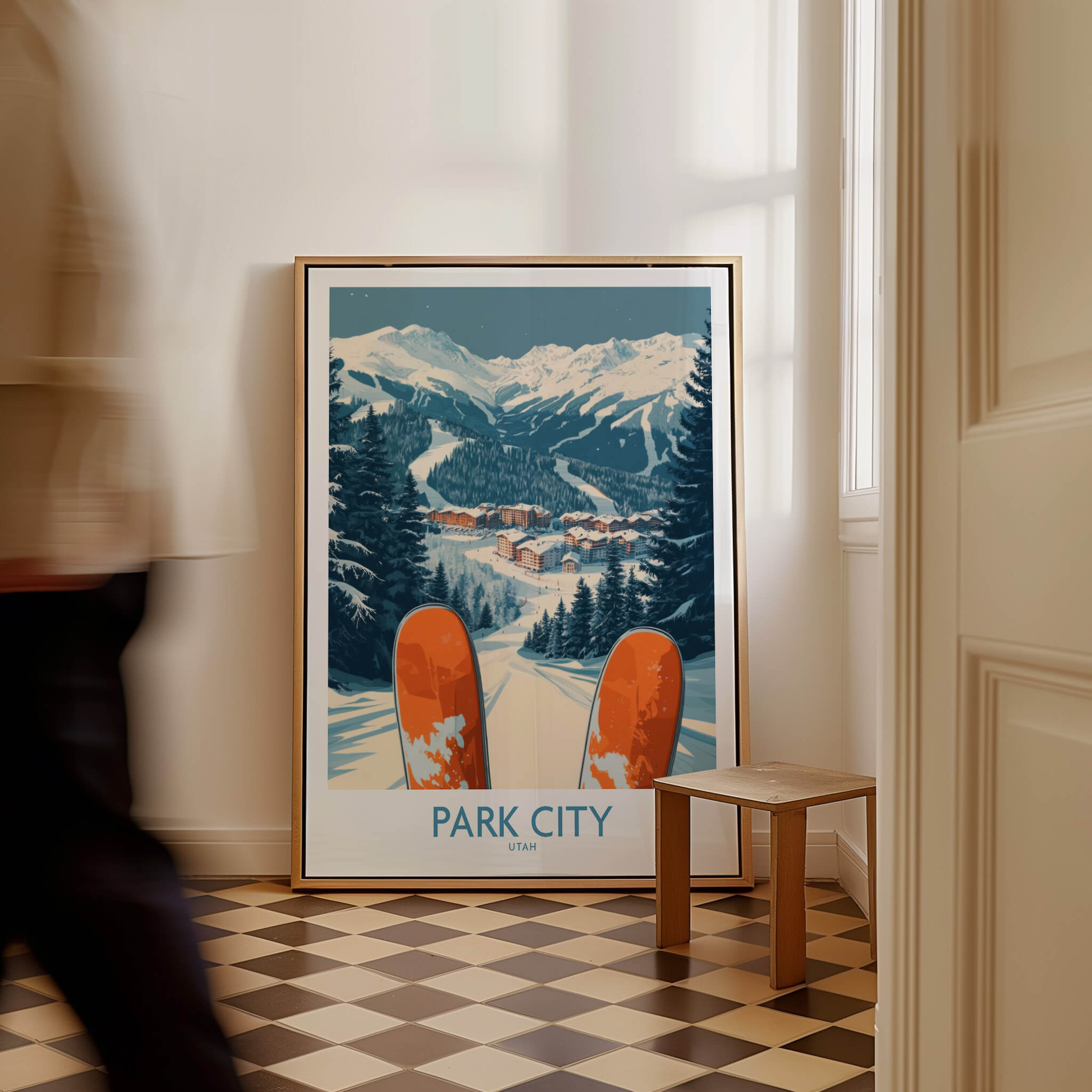 Park City Ski Poster framed in a cozy interior, showcasing beautiful snow-covered mountains and ski slopes.