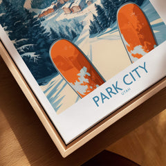 Park City Ski Poster showcasing vibrant orange skis and a snowy mountain backdrop.