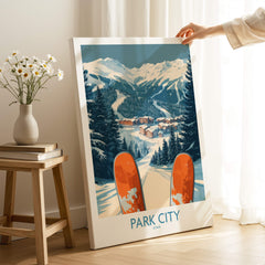 Park City Ski Poster displaying a snowy mountain scene with ski equipment, perfect for ski lovers.