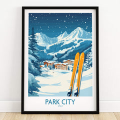 Park City Ski Wall Art Poster Utah featuring snowy mountains and skis in a beautiful winter setting.