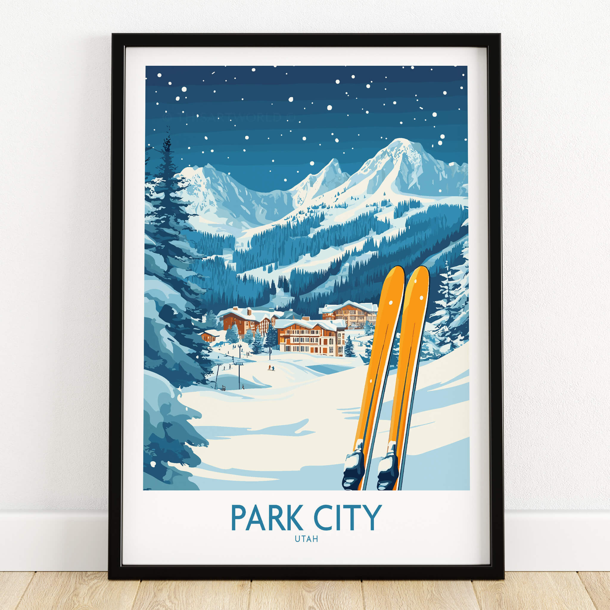 Park City Ski Wall Art Poster Utah featuring snowy mountains and skis in a beautiful winter setting.