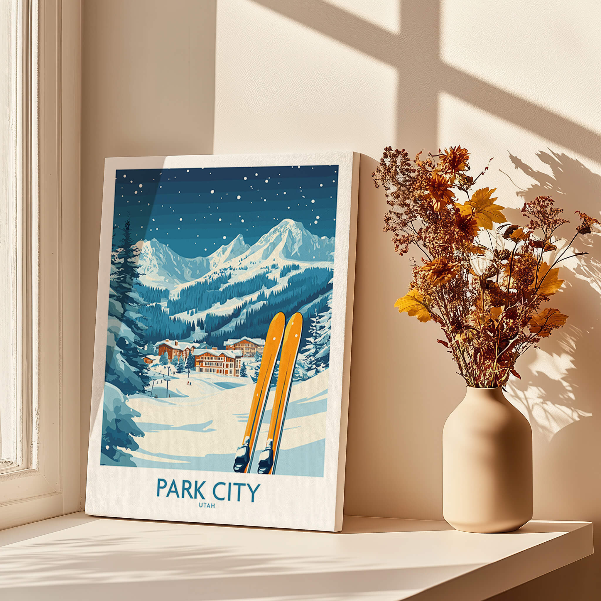 Park City Ski Wall Art Poster Utah featuring beautiful snowy mountains and vibrant ski design.