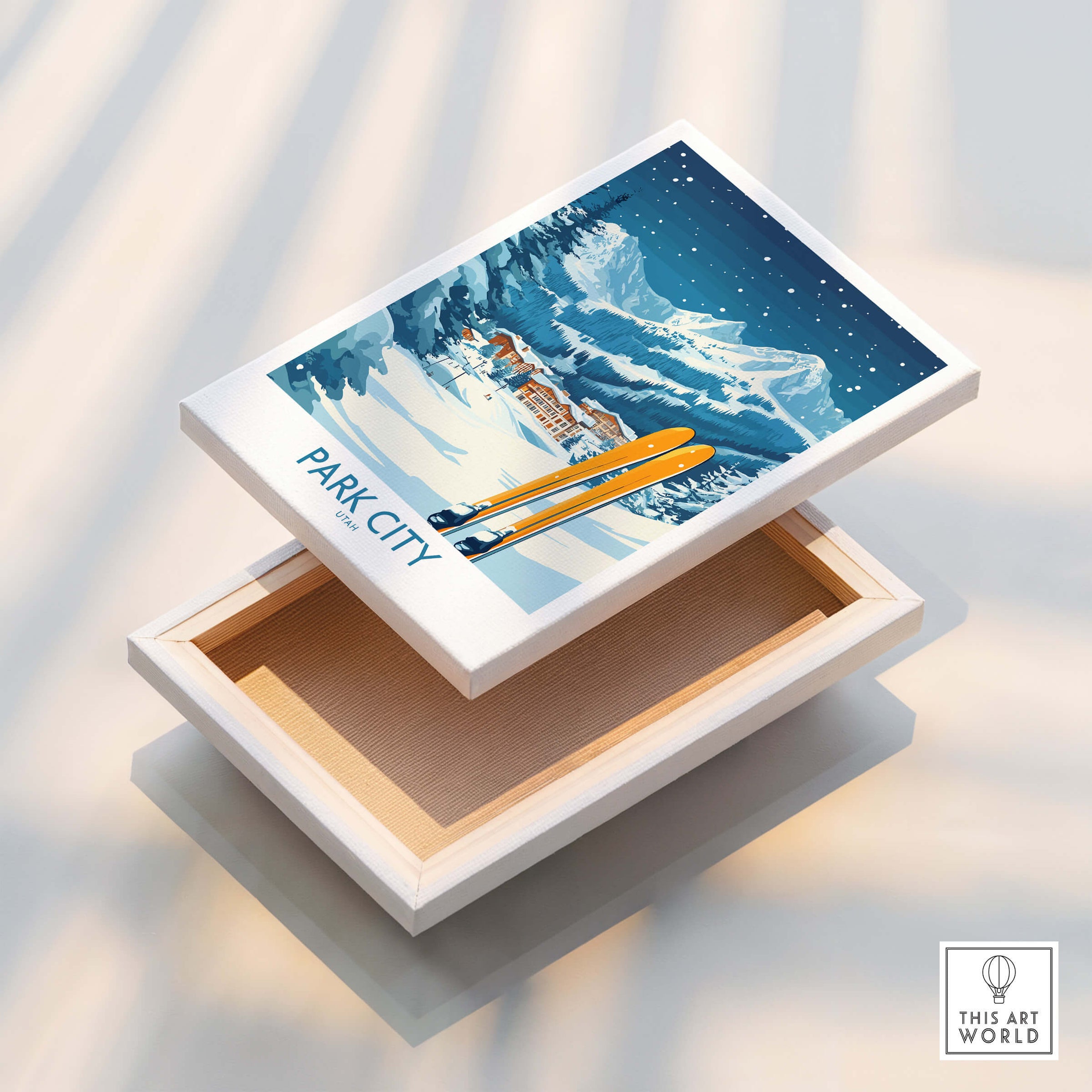 Park City Ski Wall Art Poster Utah displayed on a stylish wooden box, showcasing ski slopes and snow-capped mountains.