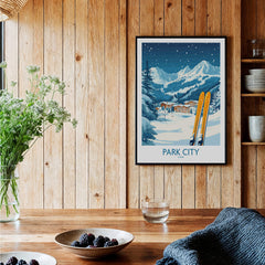 Park City Ski Wall Art Poster Utah displayed in a cozy home setting with wooden decor and a scenic snowy design.