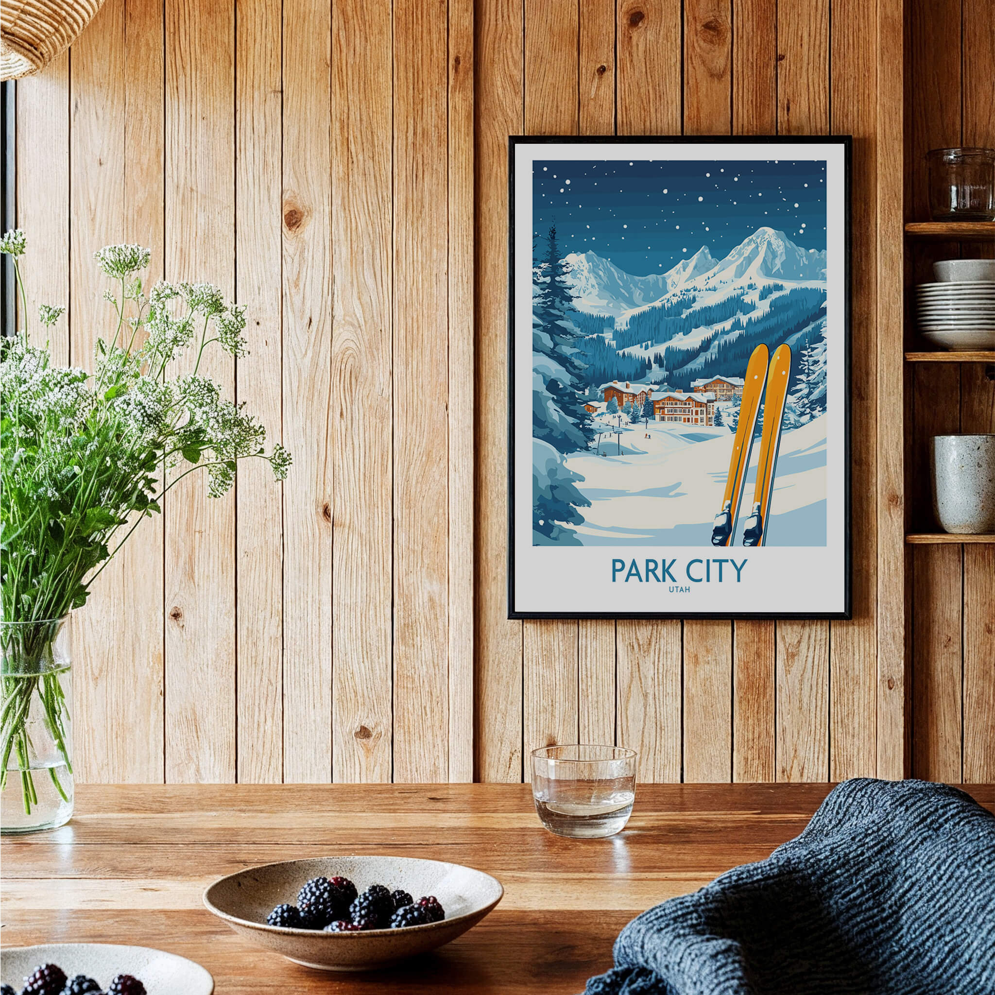 Park City Ski Wall Art Poster Utah displayed in a cozy home setting with wooden decor and a scenic snowy design.