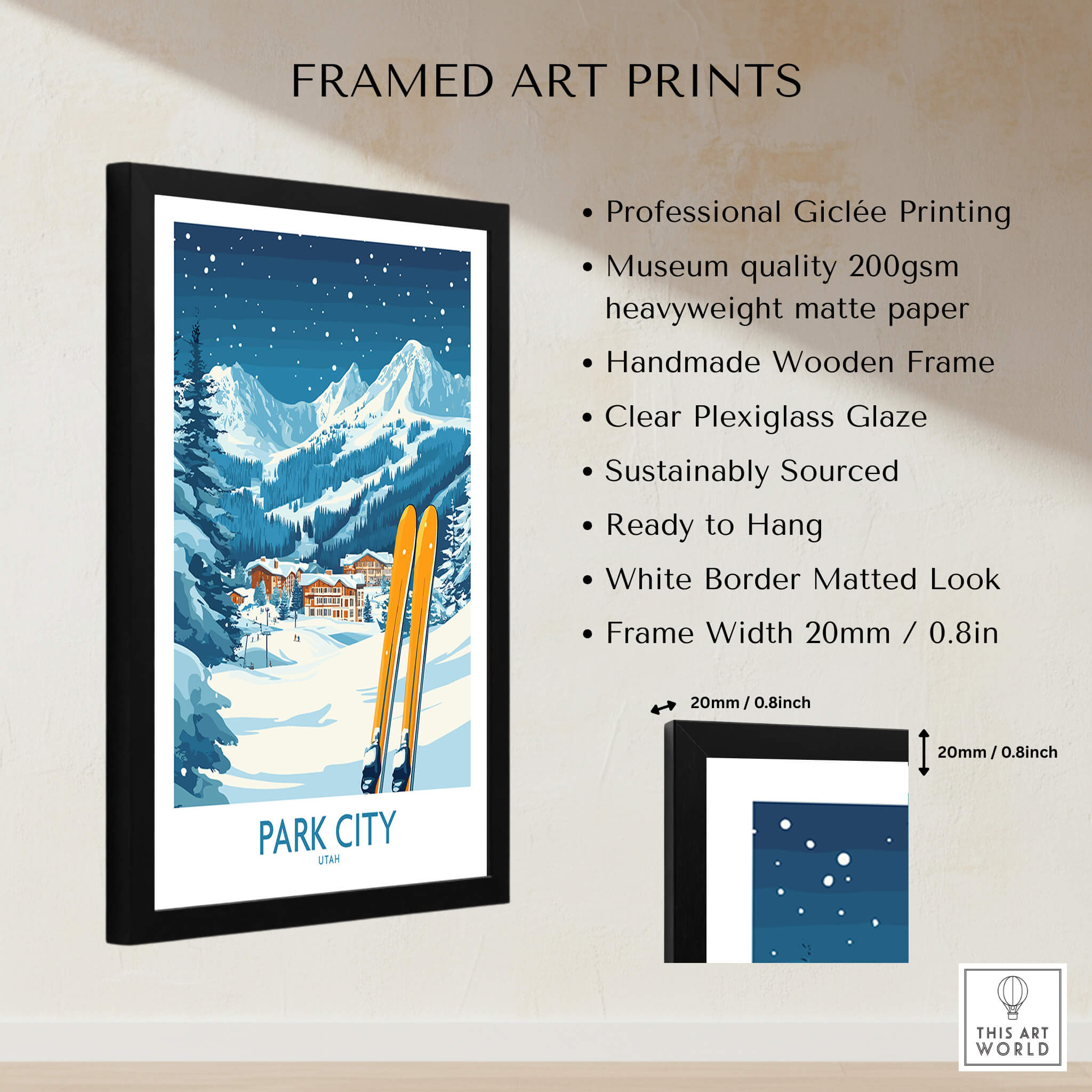 Park City Ski Wall Art Poster Utah framed art print with stunning mountain design and ski elements.