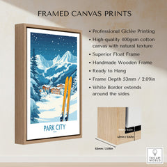 Framed Park City Ski Wall Art Poster Utah with wooden frame and vibrant ski scene for home decor.