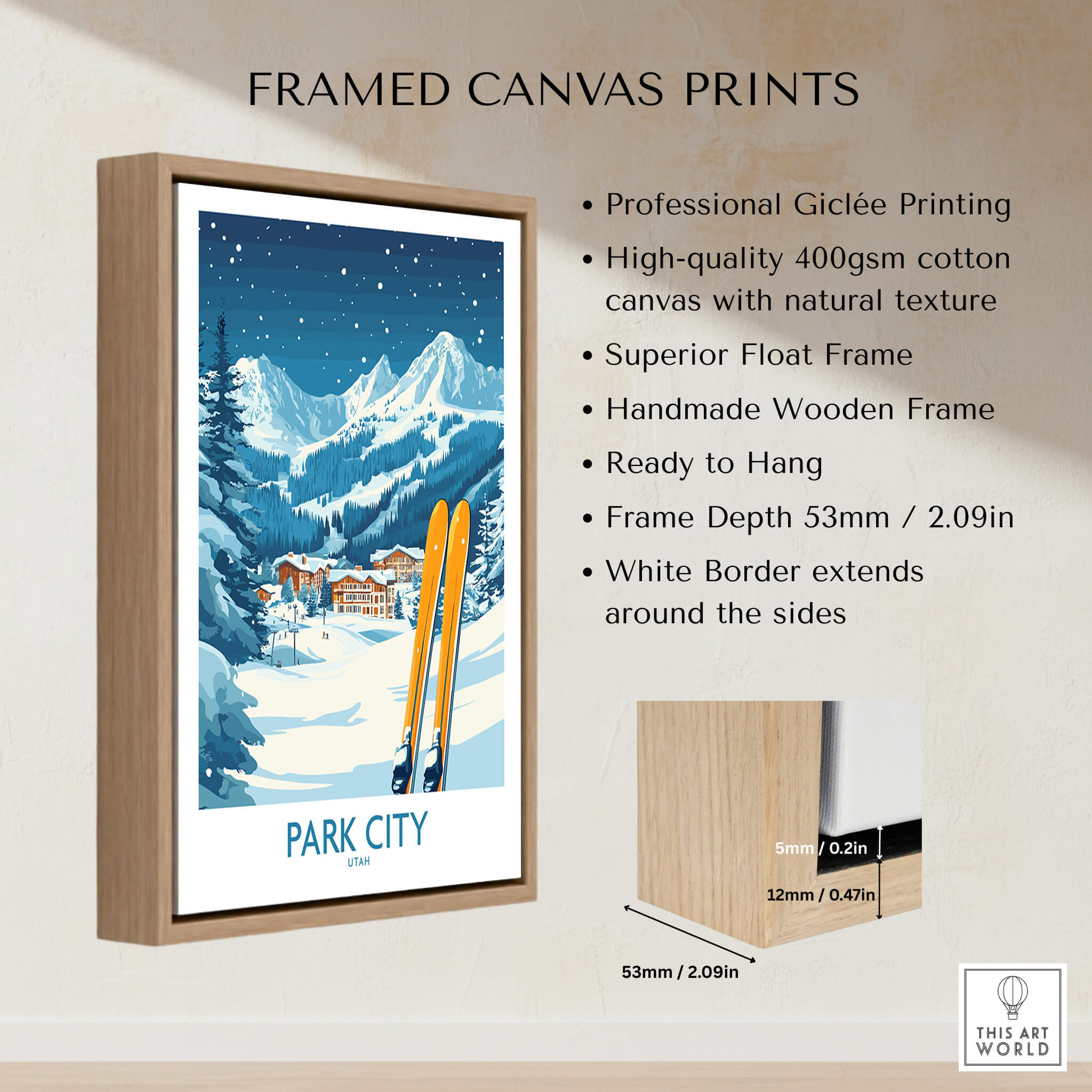 Framed Park City Ski Wall Art Poster Utah with wooden frame and vibrant ski scene for home decor.