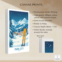 Park City Ski Wall Art Poster Utah featuring beautiful snowy mountains and ski design on canvas print.