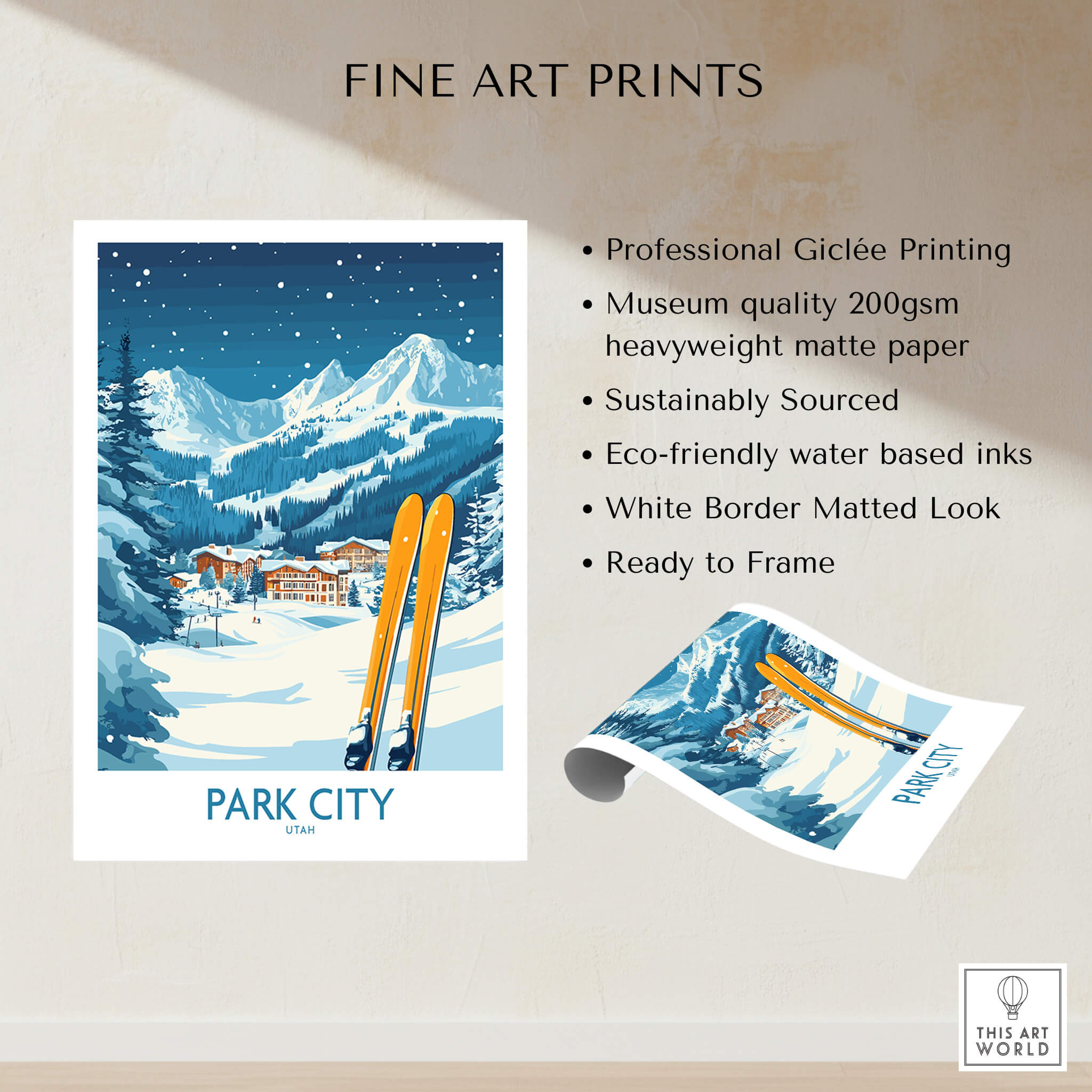 Park City Ski Wall Art Poster Utah showcasing vibrant ski scene and professional Giclée printing for home decor.