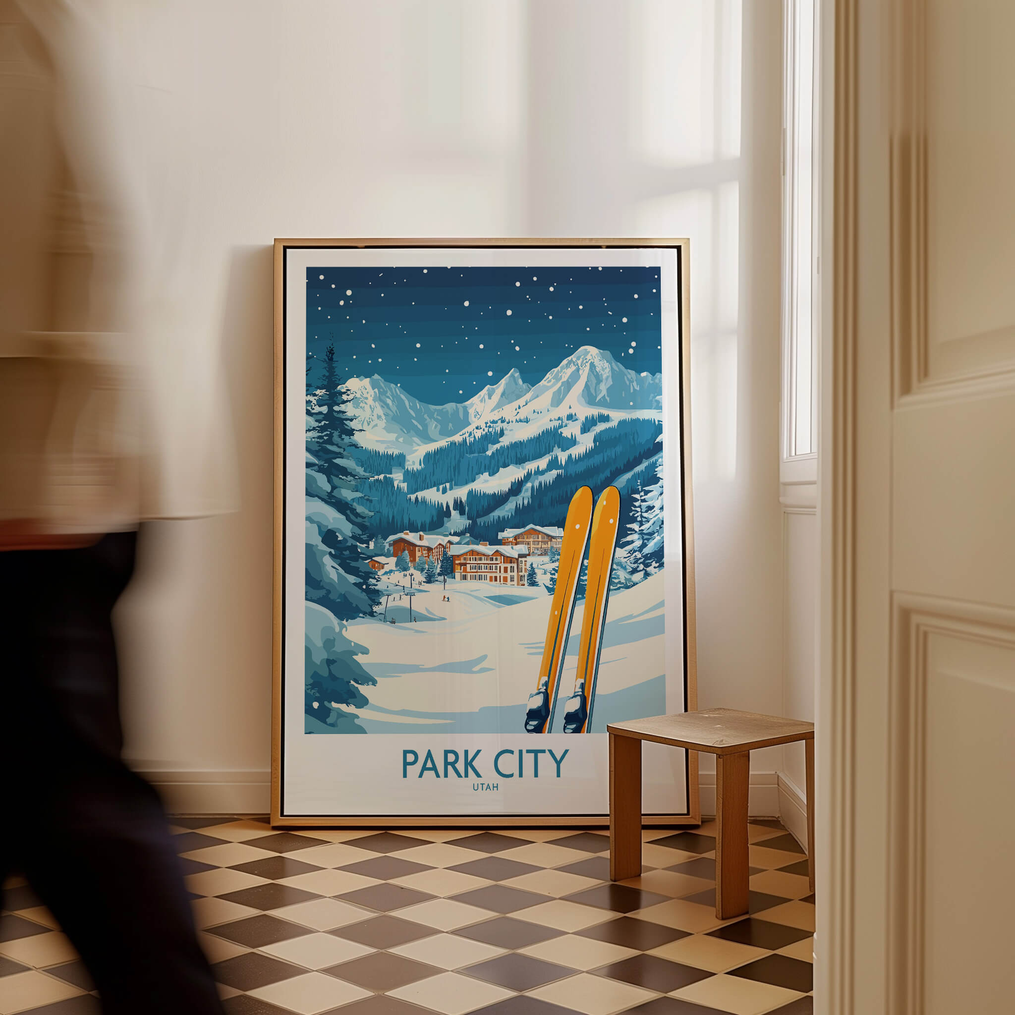 Park City Ski Wall Art Poster Utah showcasing a picturesque snowy landscape with skis in the foreground.