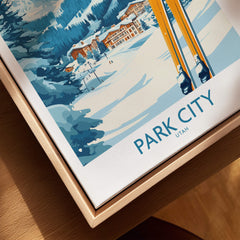 Park City Ski Wall Art Poster Utah featuring a vibrant design of skiers and snowy mountains.