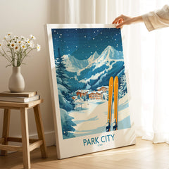 Park City Ski Wall Art Poster Utah featuring snowy mountains and ski gear, a perfect decor for ski lovers.