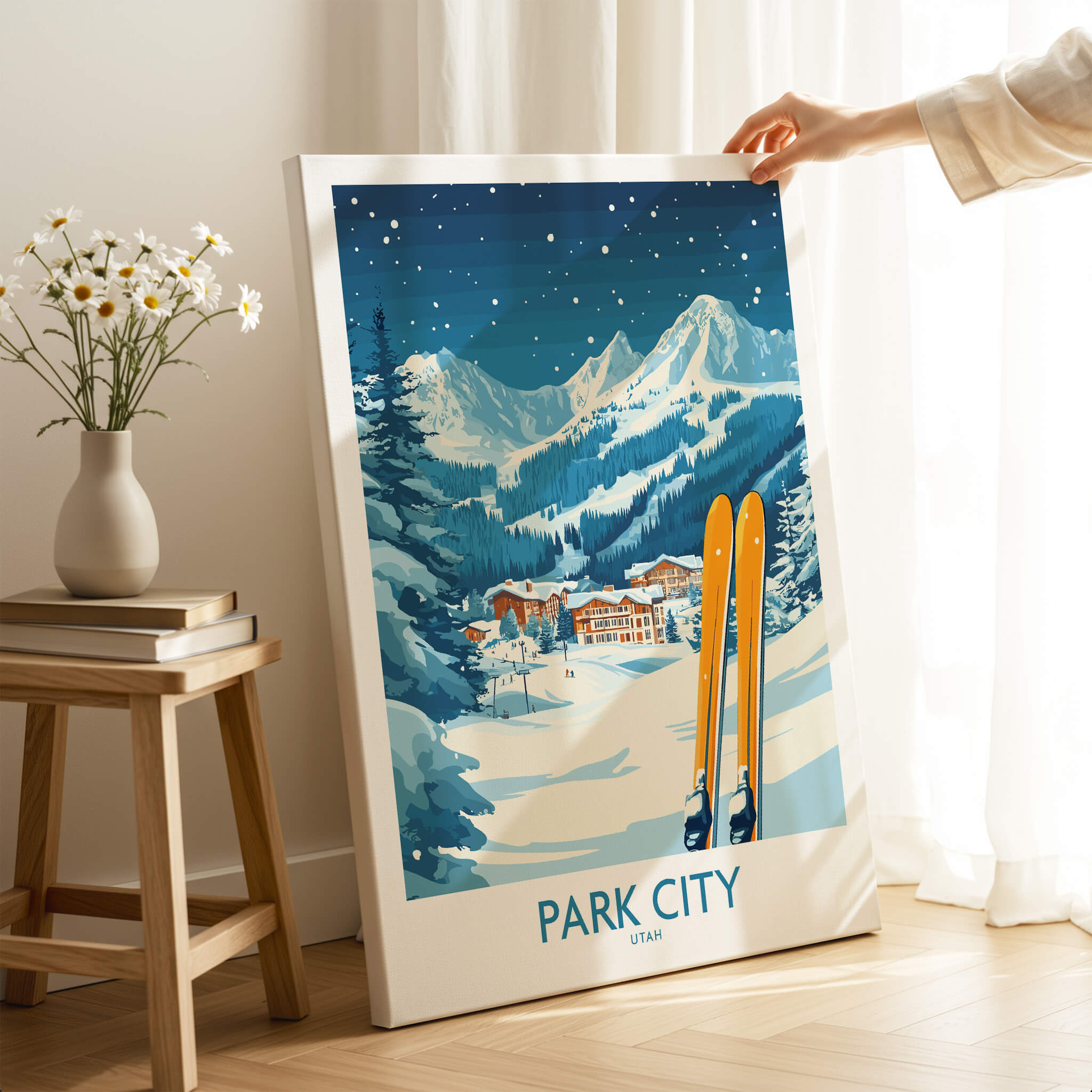 Park City Ski Wall Art Poster Utah featuring snowy mountains and ski gear, a perfect decor for ski lovers.
