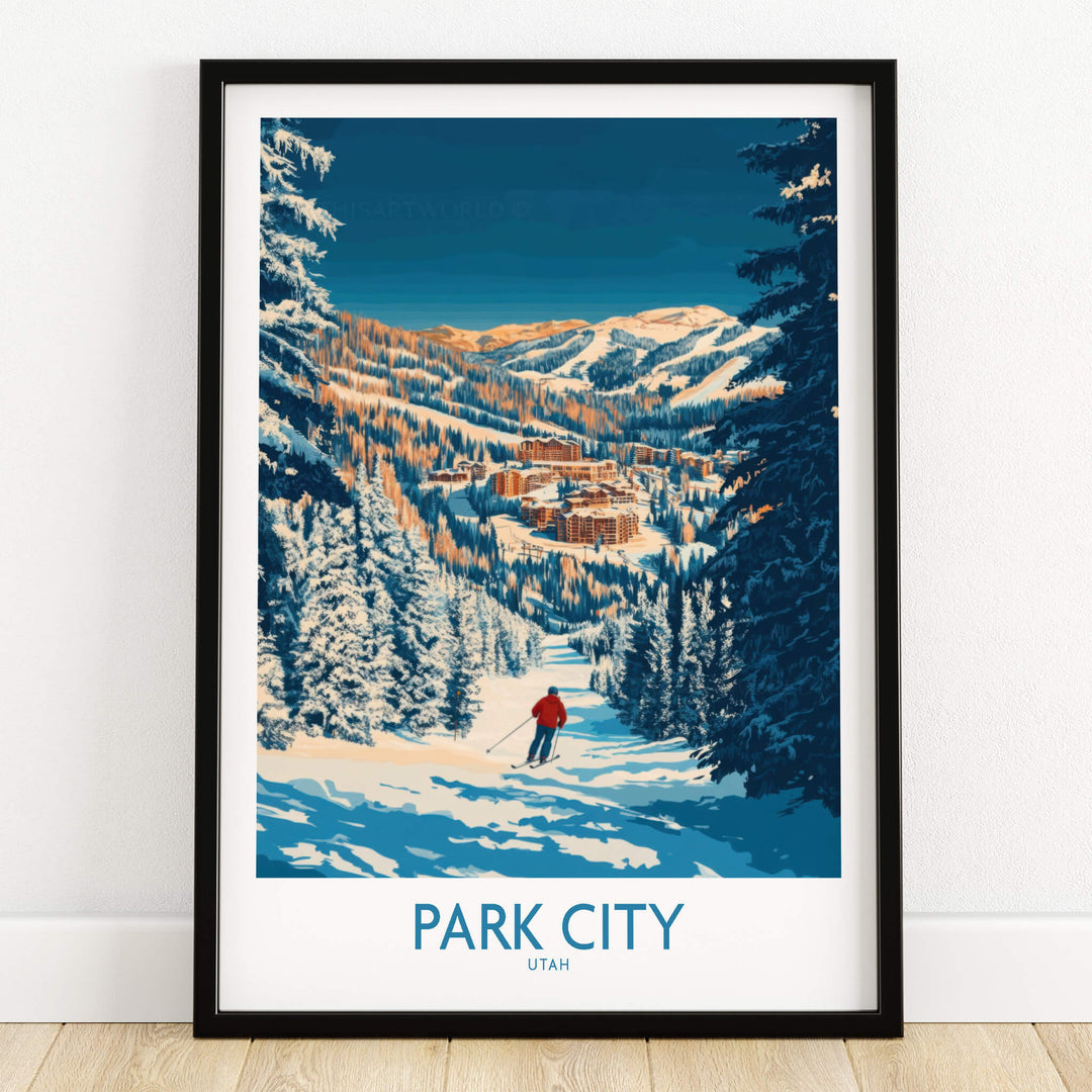 Park City Print Utah Skiing showcasing a skier on a snowy slope surrounded by pine trees in Park City, Utah.