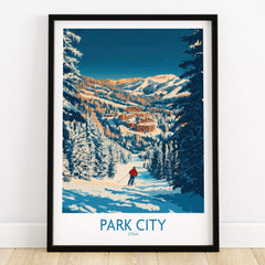 Park City Print Utah Skiing showcasing a skier on a snowy slope surrounded by pine trees in Park City, Utah.