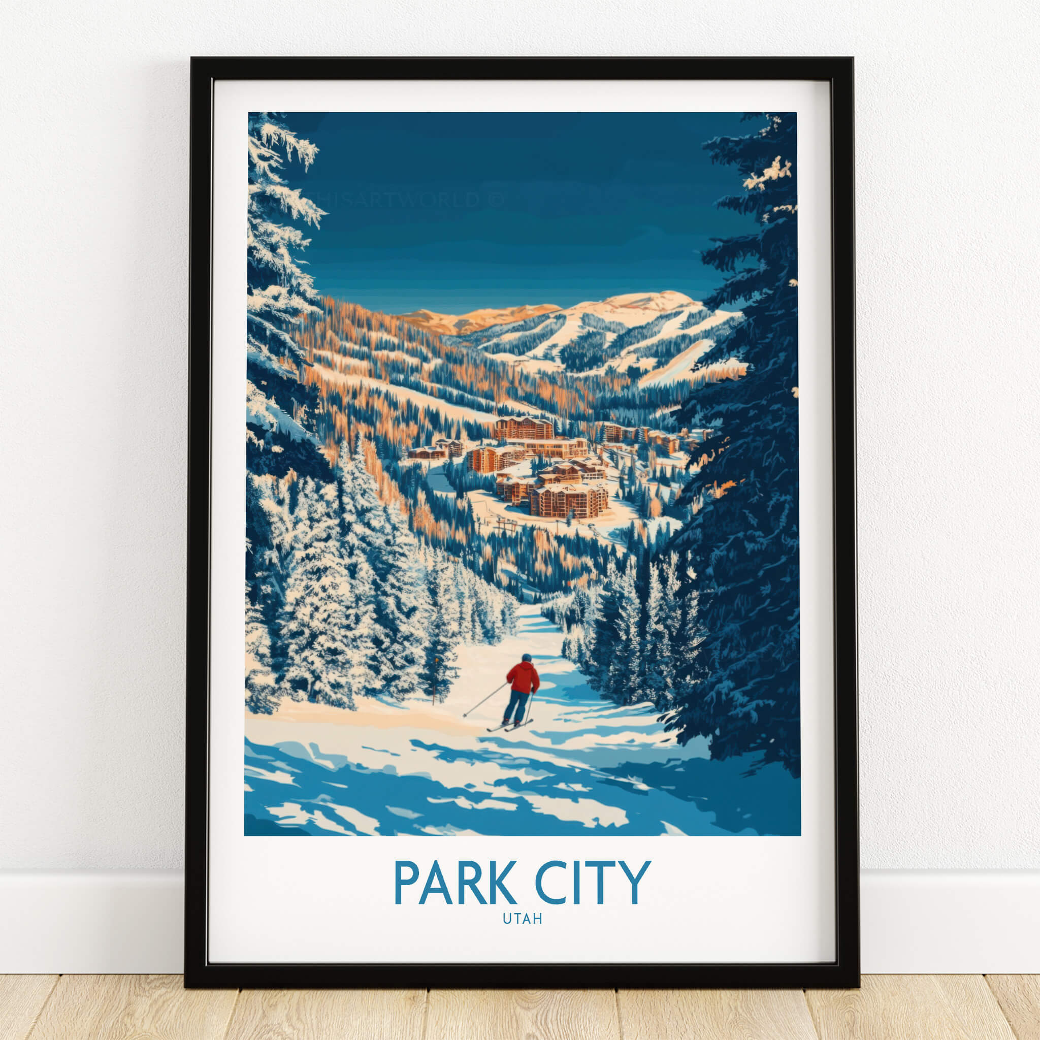 Park City Print Utah Skiing showcasing a skier on a snowy slope surrounded by pine trees in Park City, Utah.