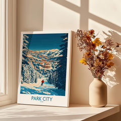 Park City Print Utah Skiing showcasing a skier in a snowy landscape with mountains in the background.