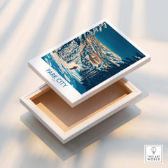 Park City Print Utah Skiing on a wooden box highlighting the ski slopes and mountain views.