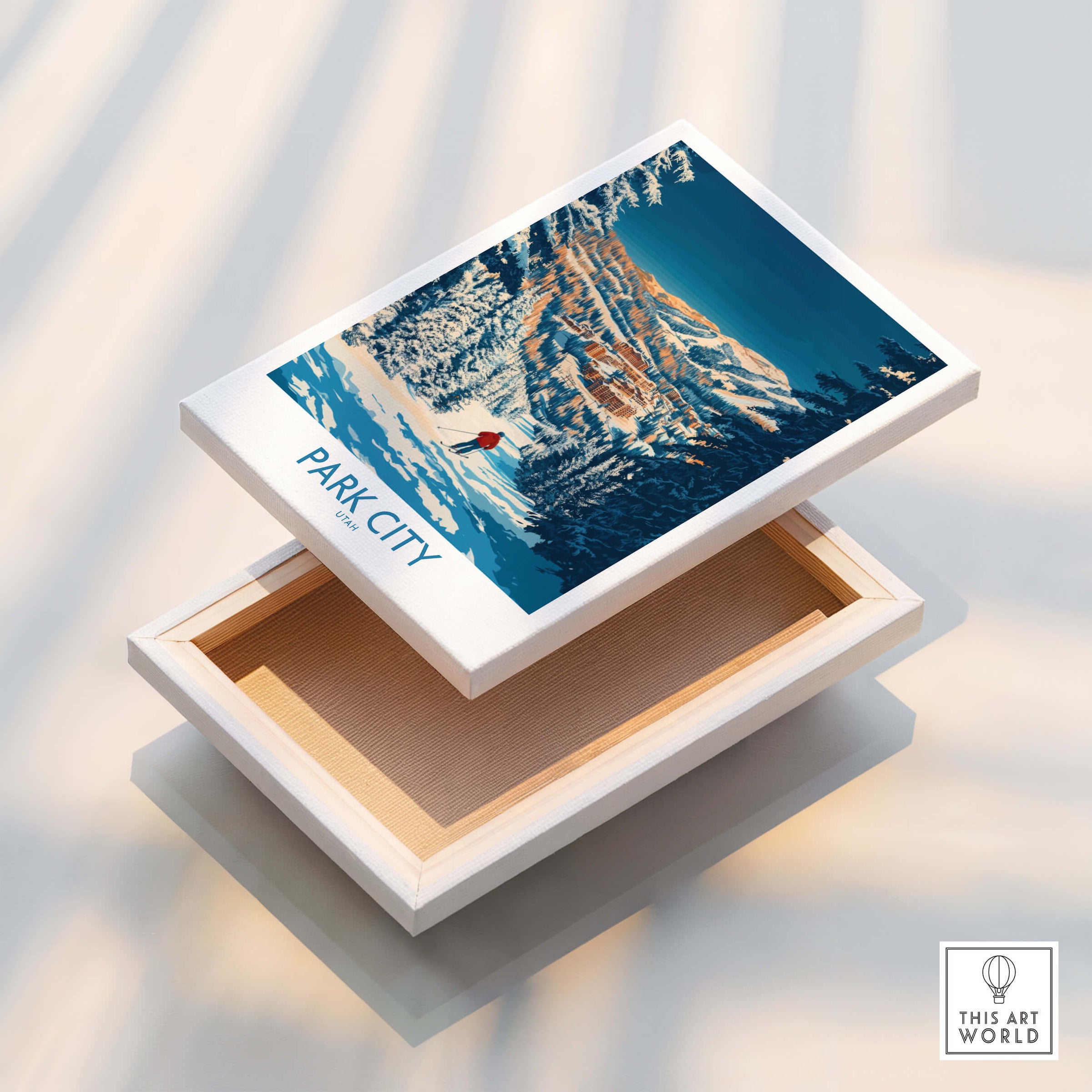 Park City Print Utah Skiing on a wooden box highlighting the ski slopes and mountain views.