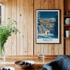 Park City Print Utah Skiing in a cozy setting with a wooden decor and beautiful flowers.