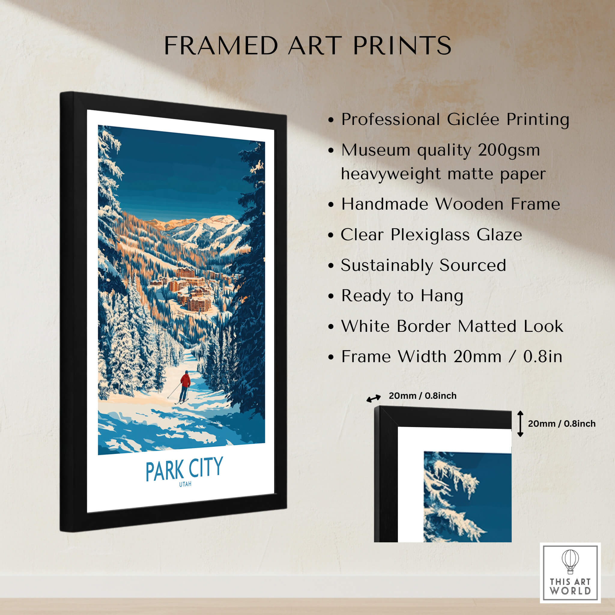 Park City Print Utah Skiing framed art print showcasing stunning mountain views and skier in Park City, Utah.