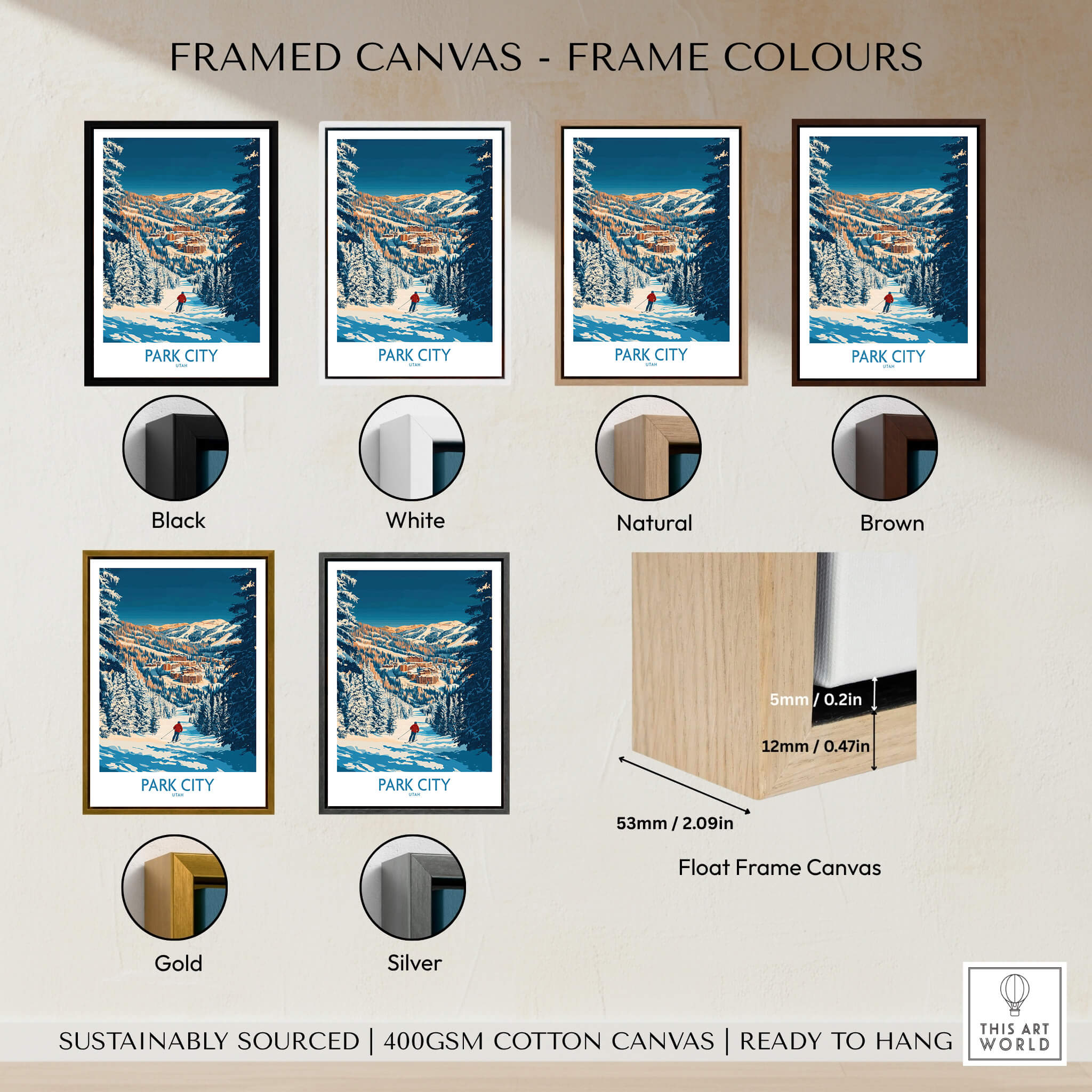 Park City Print Utah Skiing framed canvas options in various colors including black, white, natural, brown, gold, and silver.