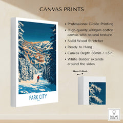 Park City Print Utah Skiing canvas print showcasing a skier on snowy slopes with mountains in the background.