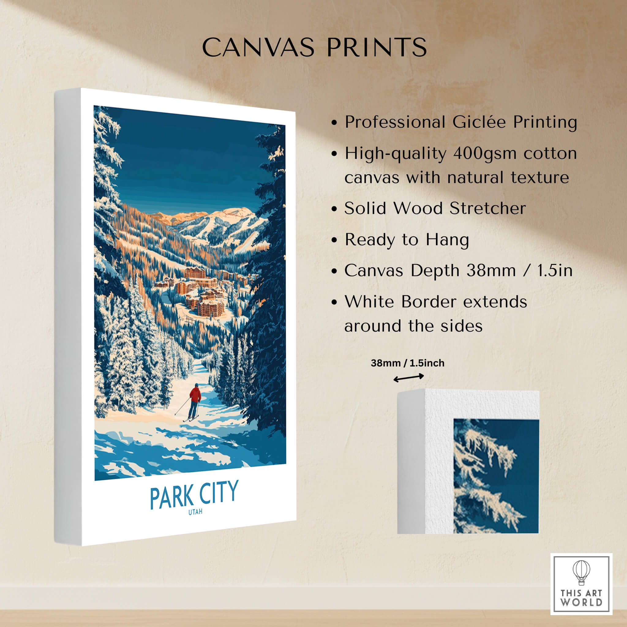 Park City Print Utah Skiing canvas print showcasing a skier on snowy slopes with mountains in the background.