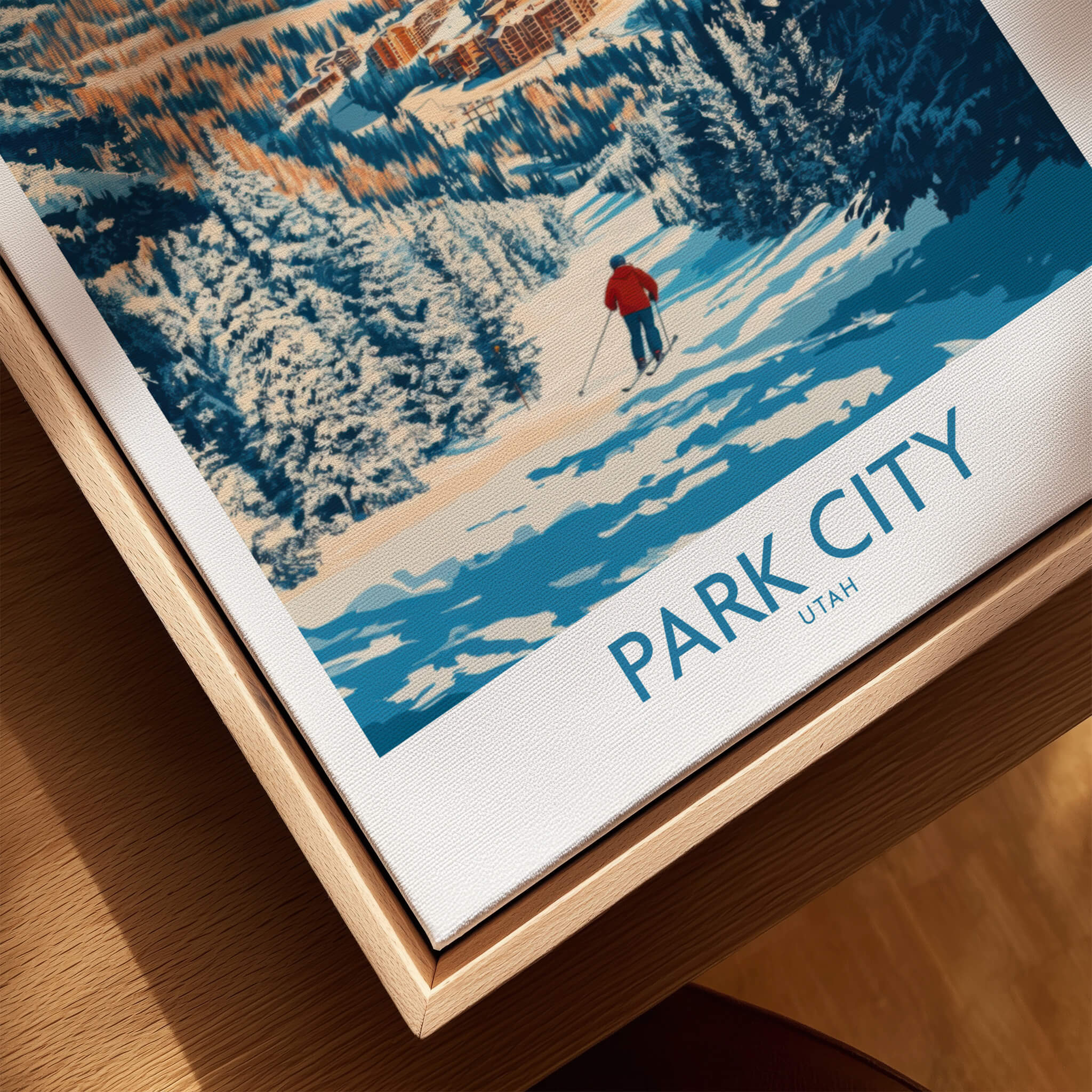Park City Print Utah Skiing showcased in a framed artwork, featuring a skier on a snowy slope.