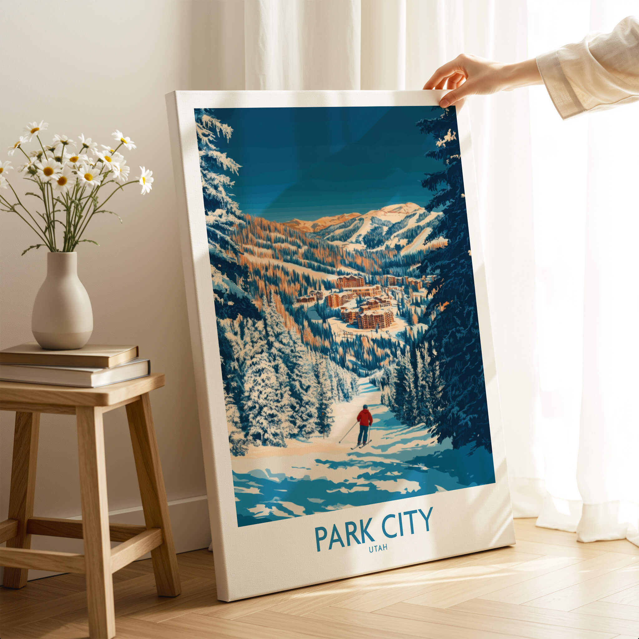 Park City Print Utah Skiing showcasing a skier in the snowy mountains of Park City, Utah, perfect for skiing enthusiasts.