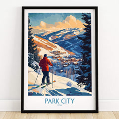 Park City Ski Wall Art Ski Poster showcasing a skier overlooking Park City ski resort in a vibrant winter landscape.