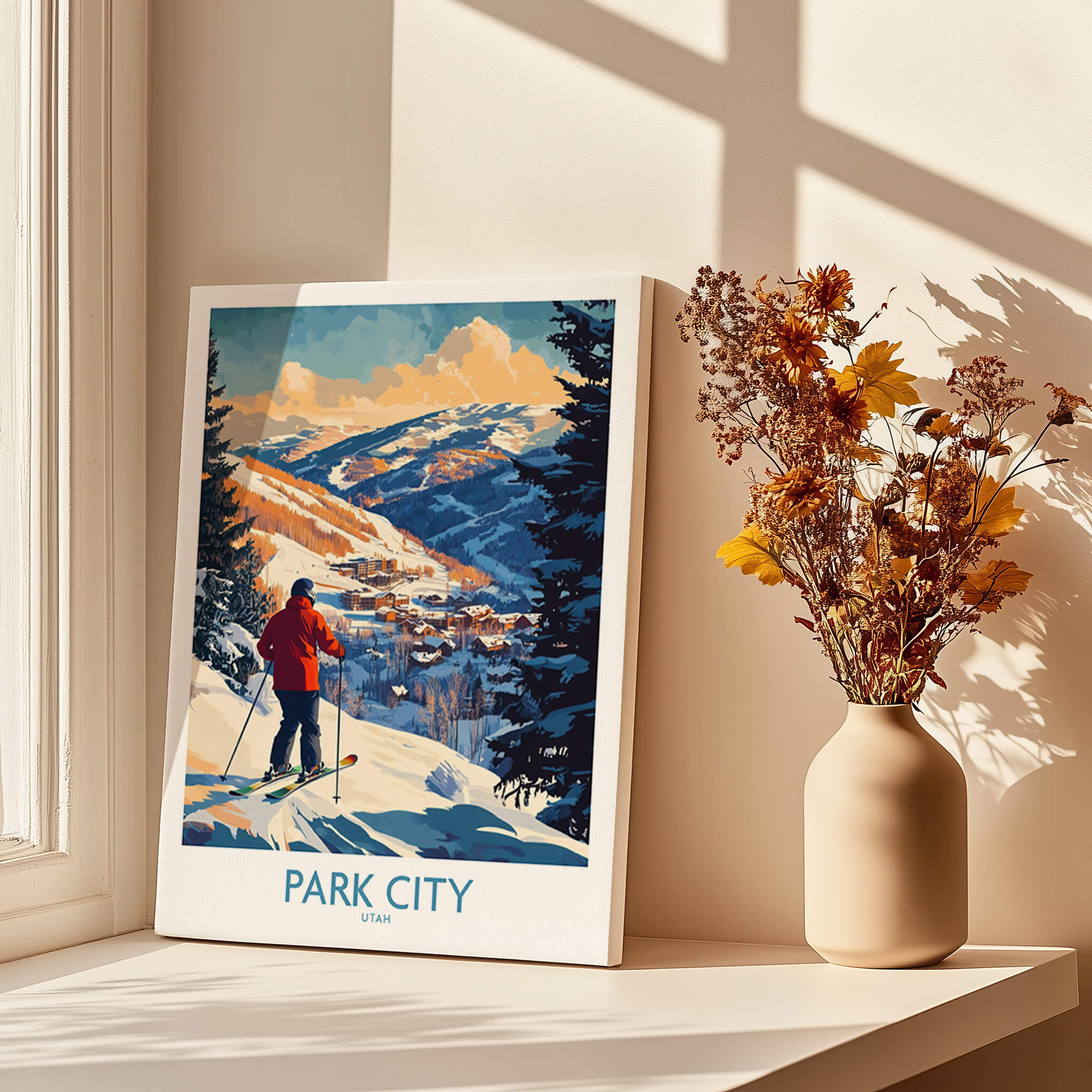 Park City Ski Wall Art Ski Poster featuring a skier against a mountain backdrop and winter scenery.