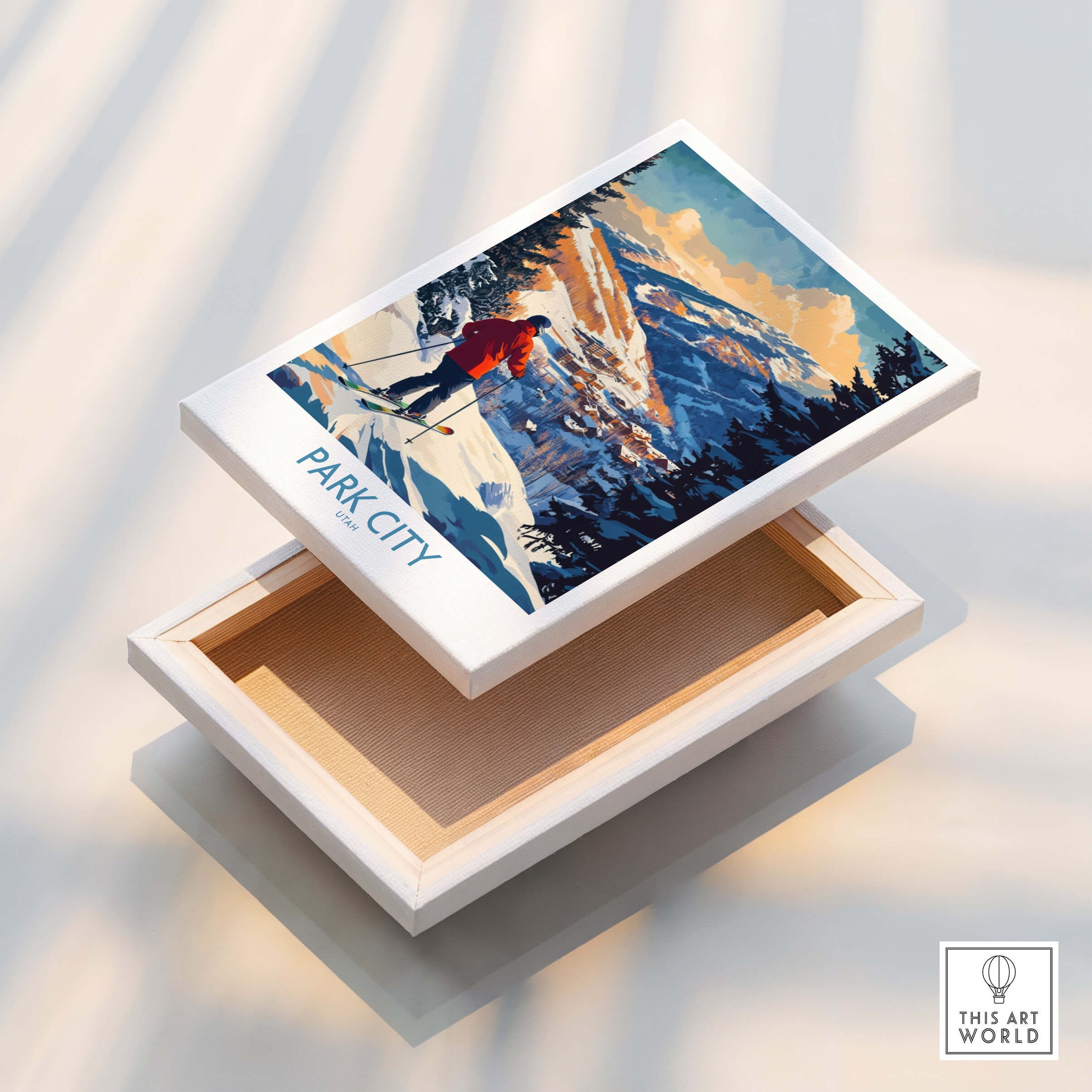 Park City Ski Wall Art Ski Poster on a decorative box with a skier and snow-capped mountains background.