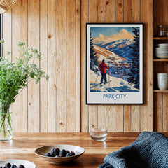 Park City Ski Wall Art Ski Poster showcasing a skier amidst snow-covered mountains in a cozy room setting.