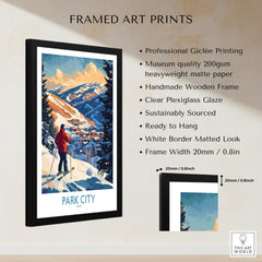 Park City Ski Wall Art Ski Poster framed art print with mountain landscape and skier, ready to hang.