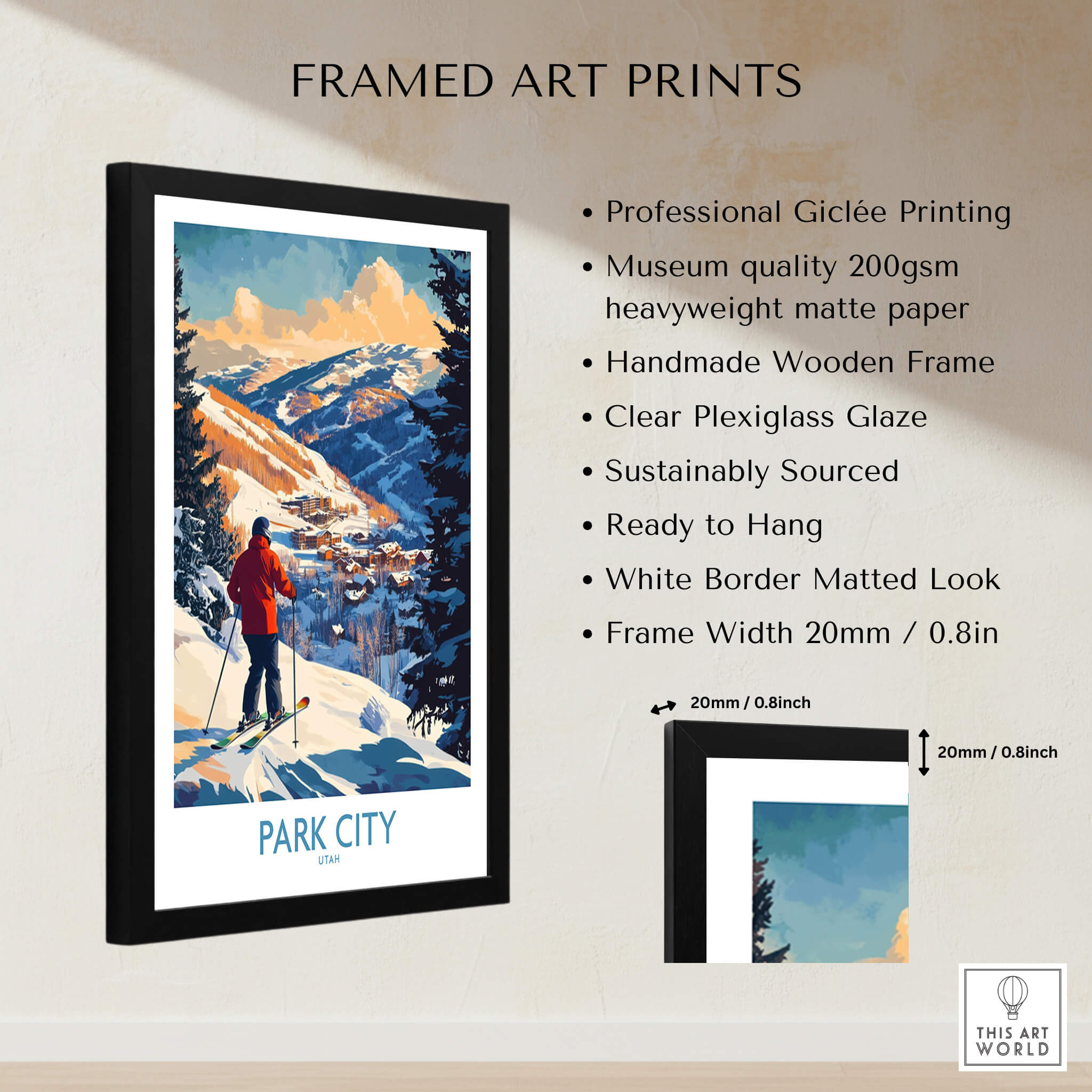 Park City Ski Wall Art Ski Poster framed art print with mountain landscape and skier, ready to hang.