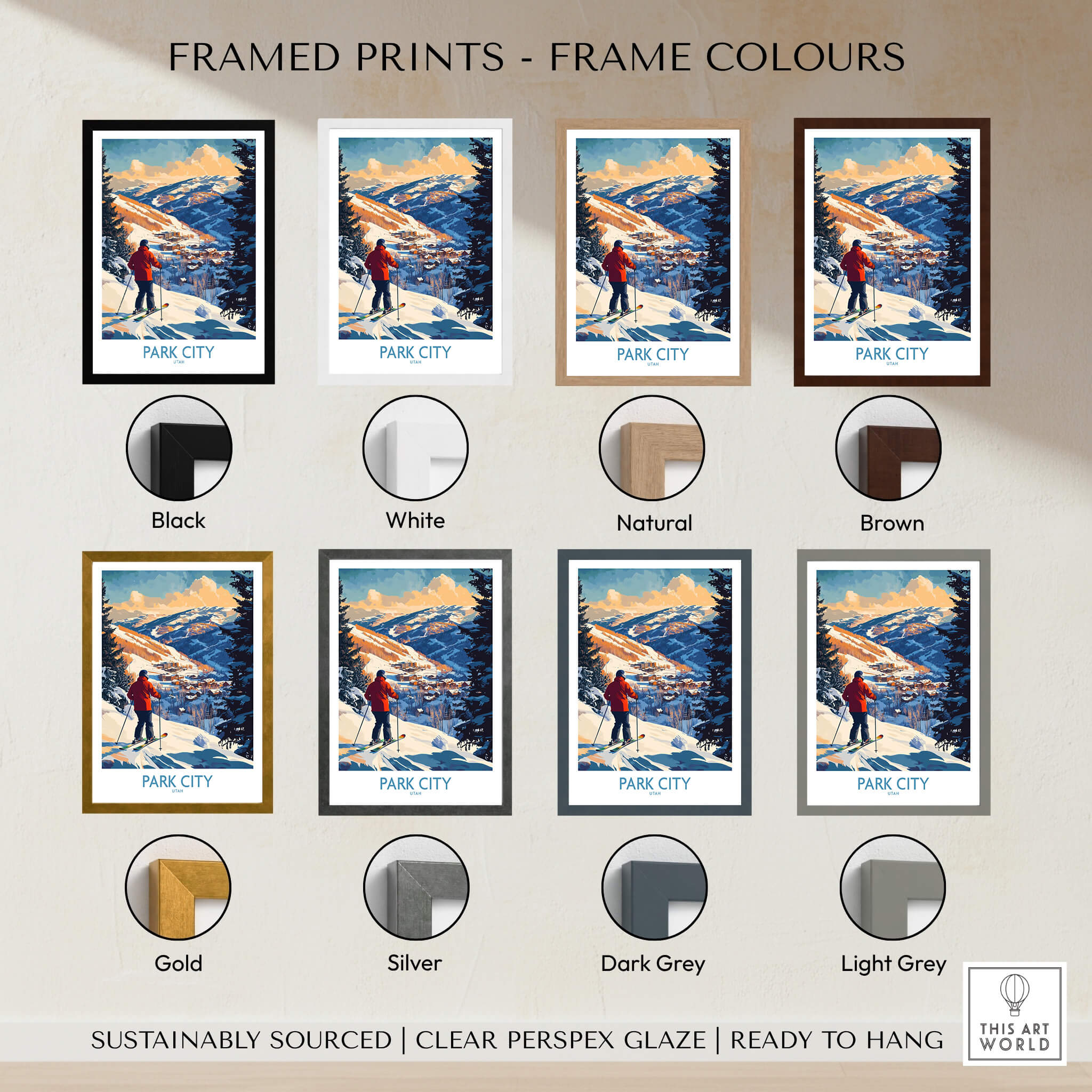 Park City Ski Wall Art Ski Poster displayed with various framing options including black, white, natural, and brown.