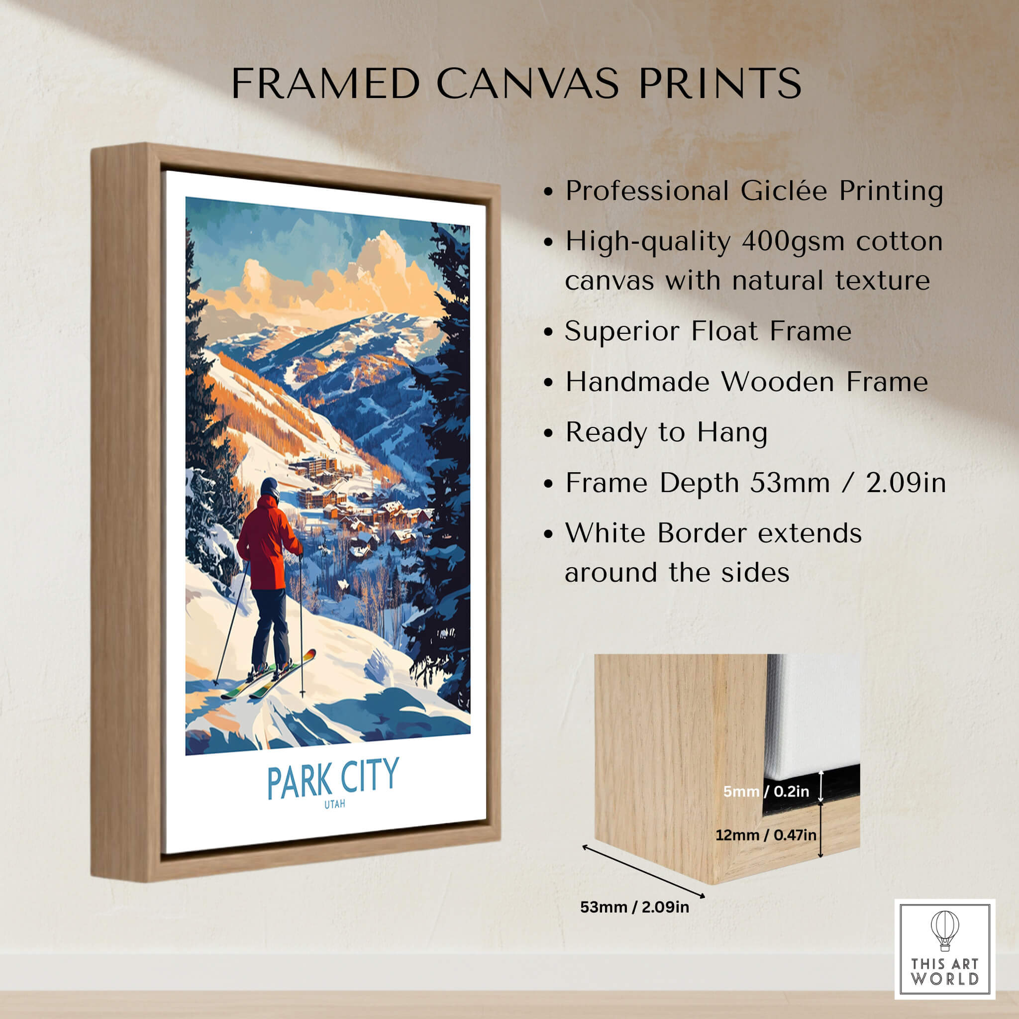 Park City Ski Wall Art Ski Poster framed canvas print showcasing professional Giclée printing and natural texture.