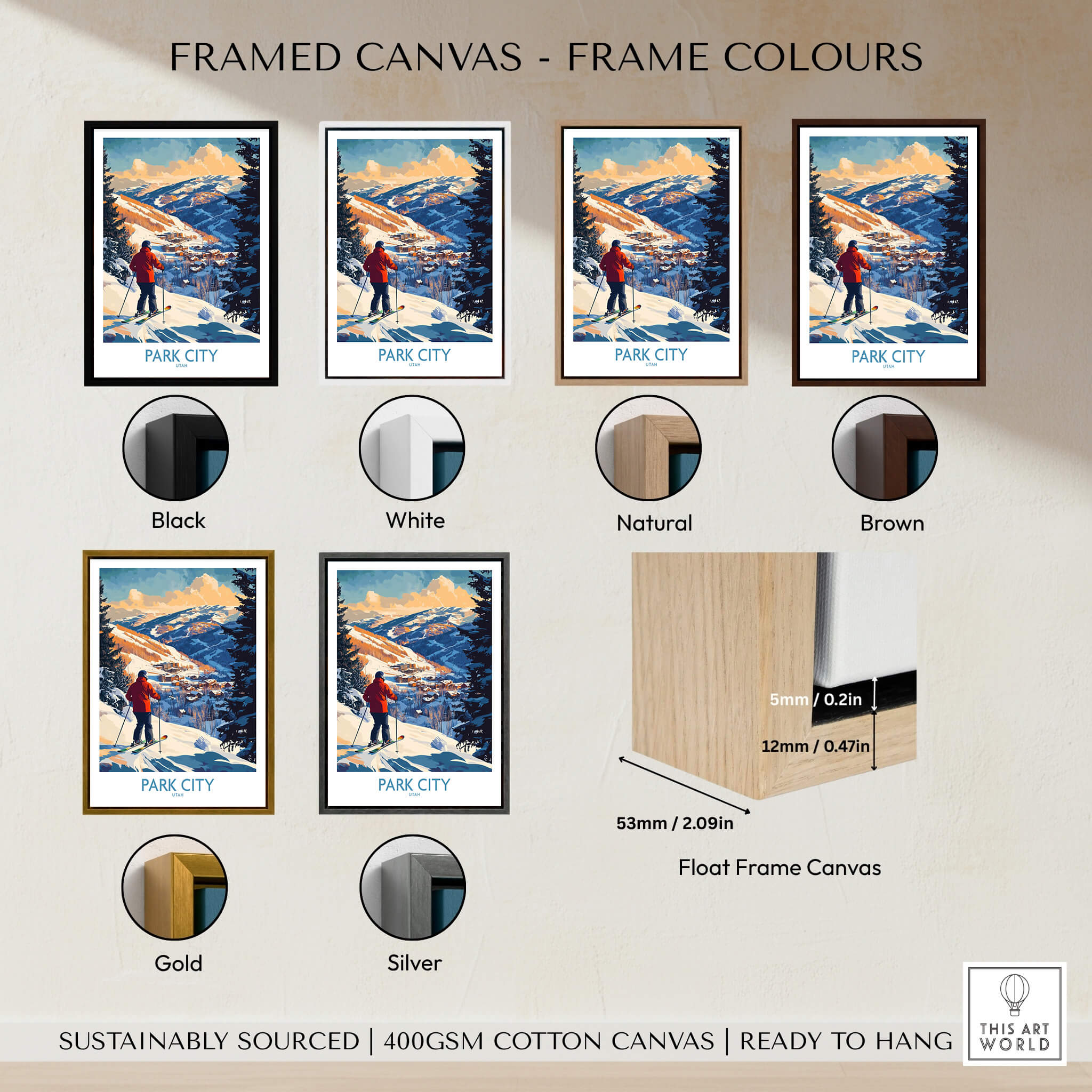 Park City Ski Wall Art Ski Poster available in various frame colors including black, white, natural, brown, gold, and silver.