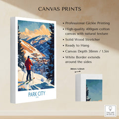Park City Ski Wall Art Ski Poster showcasing professional Giclée printing and solid wood stretcher for home decor.