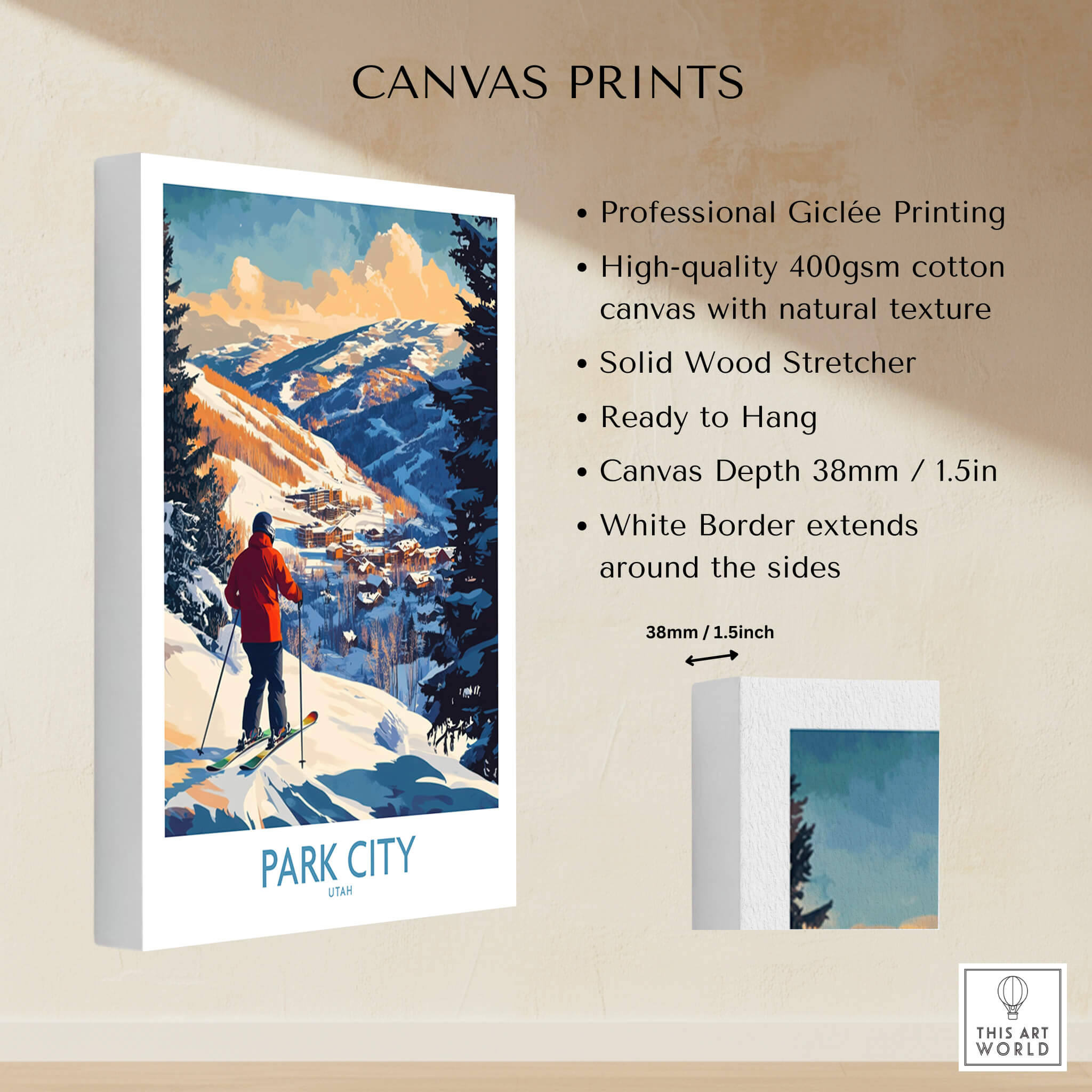 Park City Ski Wall Art Ski Poster showcasing professional Giclée printing and solid wood stretcher for home decor.