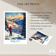 Park City Ski Wall Art Ski Poster featuring a skier and picturesque snowy mountain landscape.