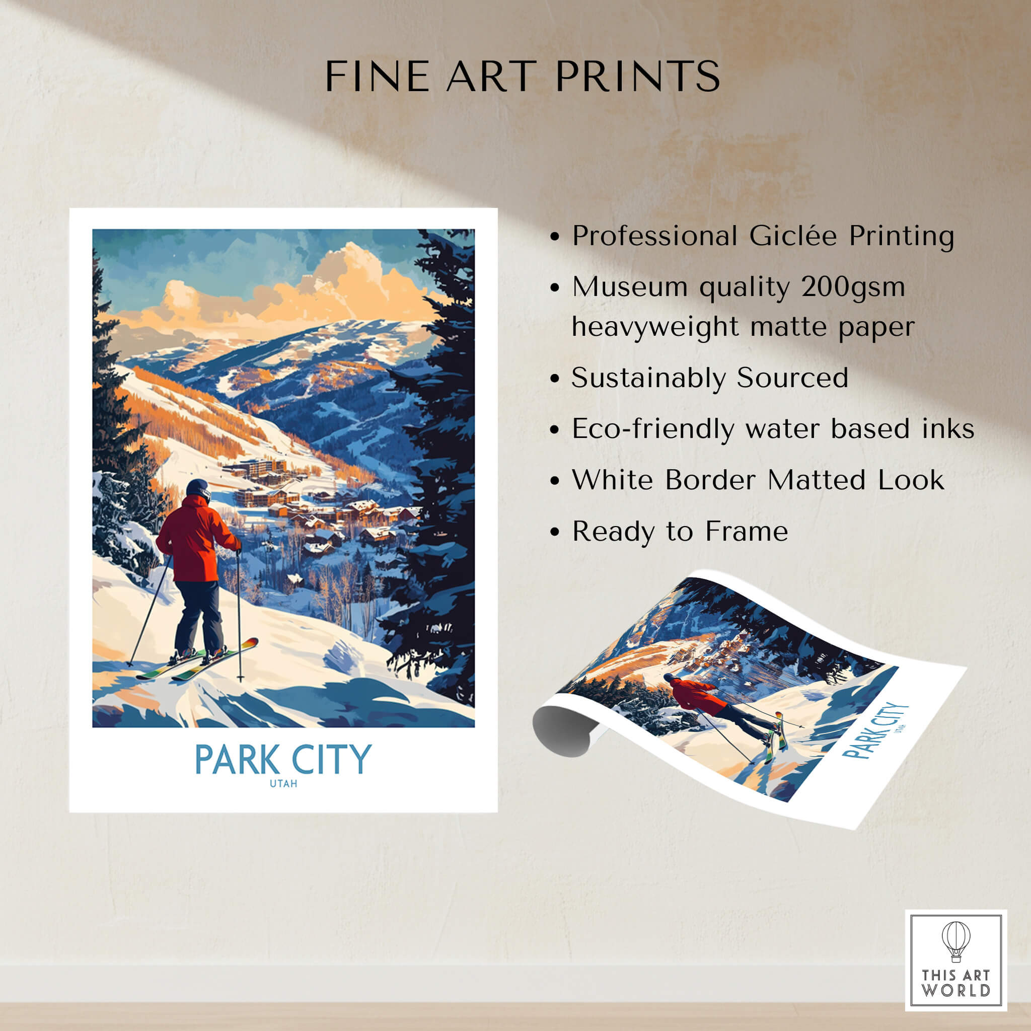 Park City Ski Wall Art Ski Poster featuring a skier and picturesque snowy mountain landscape.