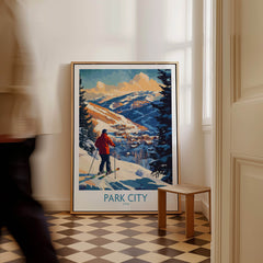 Park City Ski Wall Art Ski Poster showcasing a skier in a snowy landscape, enhancing any ski enthusiast's decor.